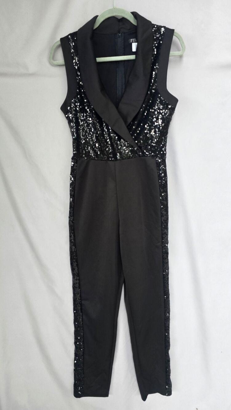 VENUS Jumpsuit Womens Small Black Sequin Shawl Collar Sleeveless Party Formal